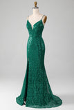 Sparkly verde scuro con paillettes in rilievo abito da ballo lungo con fessura