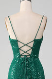 Sparkly verde scuro con paillettes in rilievo abito da ballo lungo con fessura