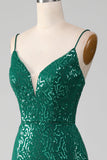 Sparkly verde scuro con paillettes in rilievo abito da ballo lungo con fessura