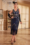 Sparkly blu frange paillettes 1920s Flapper Dress con perline