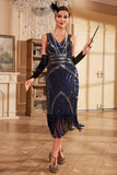 Sparkly blu frange paillettes 1920s Flapper Dress con perline