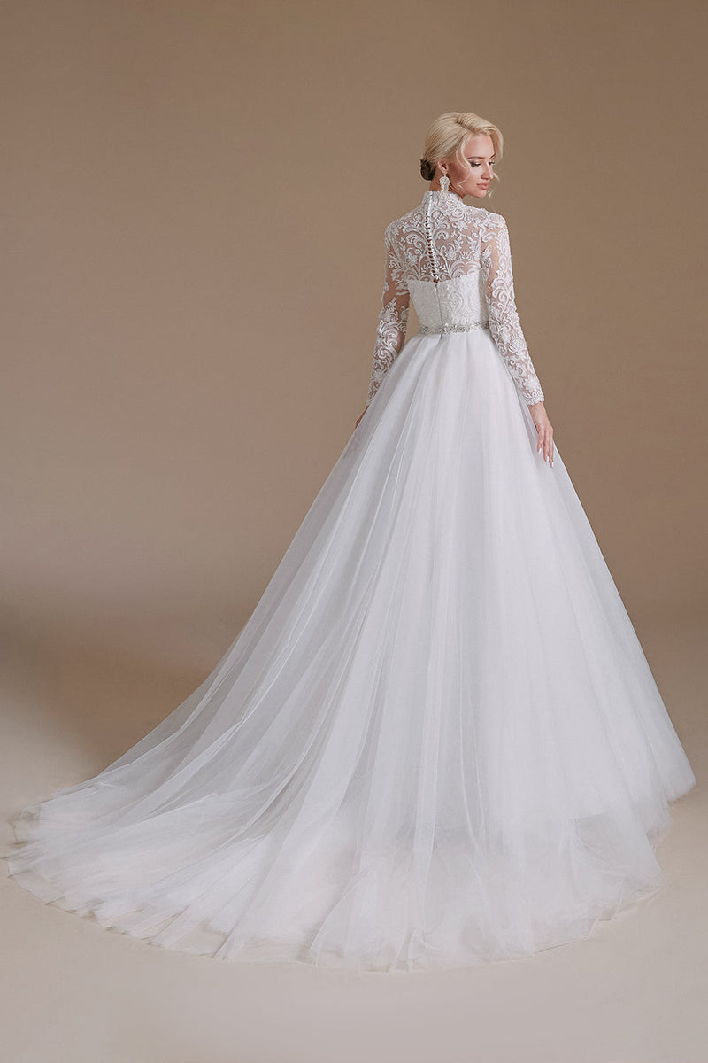 Carica l&#39;immagine nel visualizzatore di Gallery, Bianco A-Line Collo alto maniche lunghe Abito da sposa con pizzo