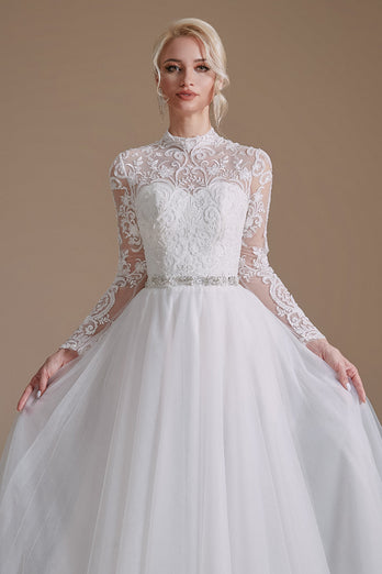 Bianco A-Line Collo alto maniche lunghe Abito da sposa con pizzo