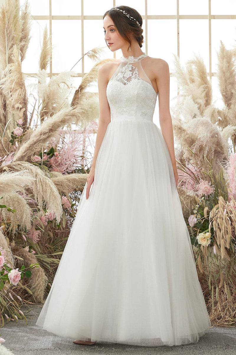 Carica l&#39;immagine nel visualizzatore di Gallery, Abito da sposa bianco halter collo