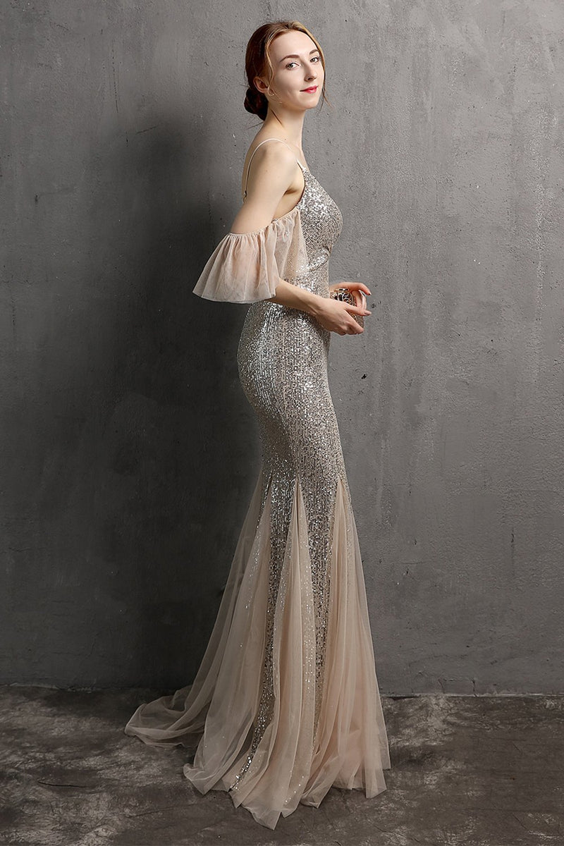 Carica l&#39;immagine nel visualizzatore di Gallery, Champagne Paillettes Long Prom Dress con volant