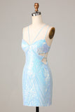 Così splendido Bodycon Spaghetti Straps Blue Sequins Short Homecoming Dress