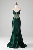 Verde scuro con scollo a V senza spalline Corsetto Sirena plissettato Prom Dress