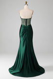 Verde scuro con scollo a V senza spalline Corsetto Sirena plissettato Prom Dress