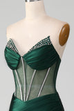 Verde scuro con scollo a V senza spalline Corsetto Sirena plissettato Prom Dress