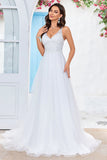 Avorio V-Neck Tulle Sweep Train A Line Abito da sposa con pizzo