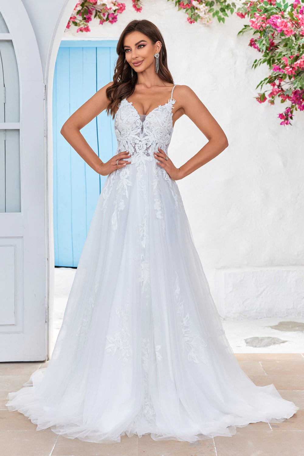 Avorio Criss-Cross Straps Back A-Line Tulle Abito da sposa